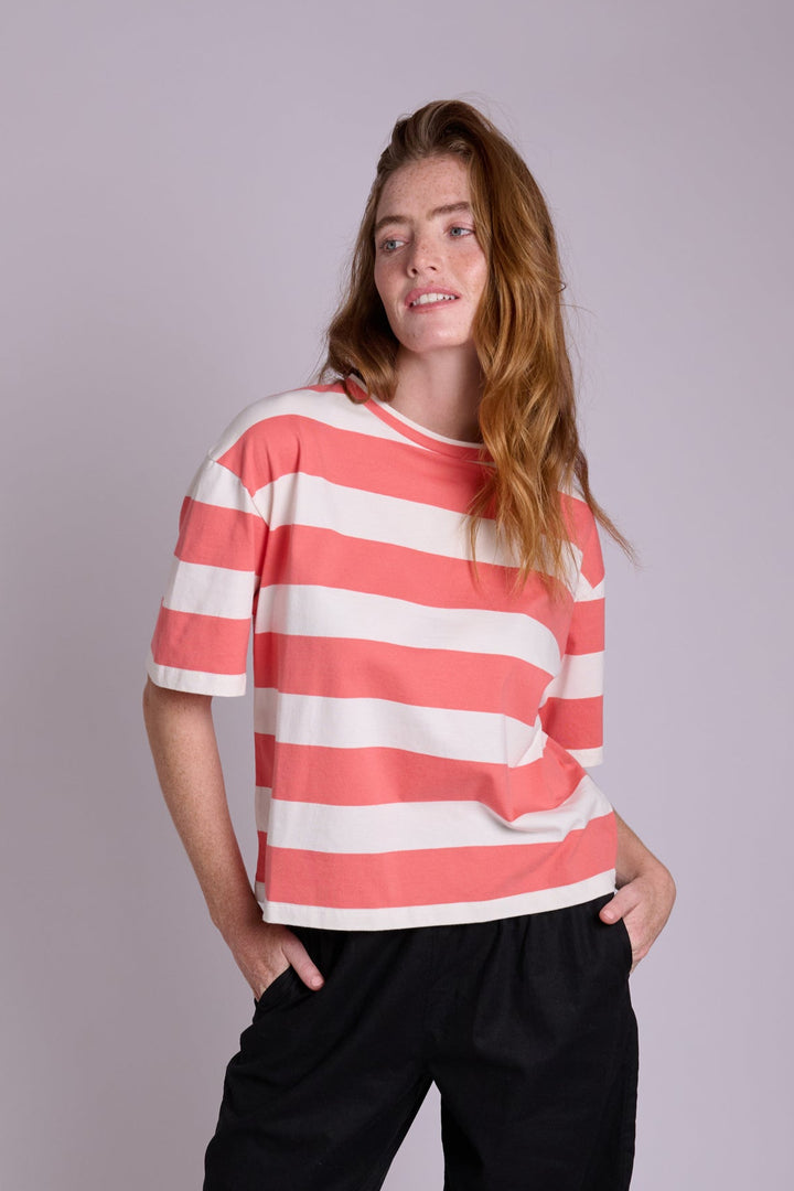 Juno Boxy Coral Stripe TShirt