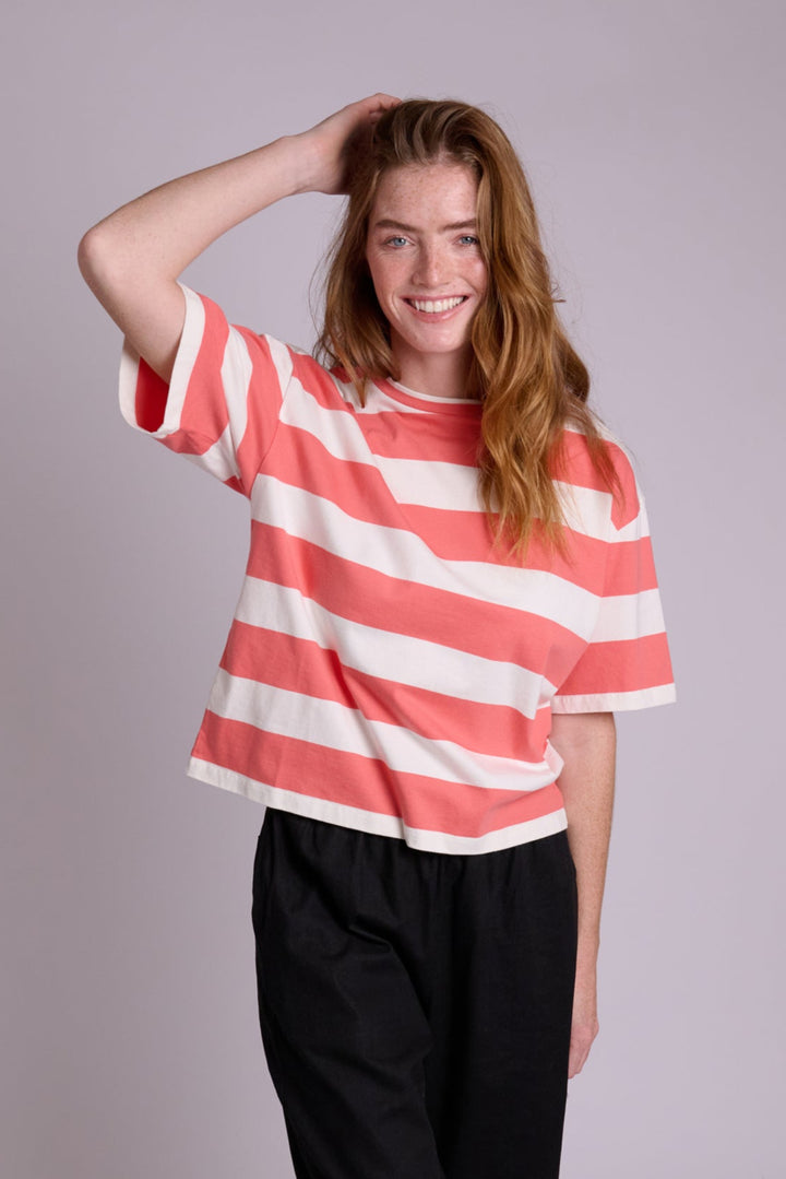 Juno Boxy Coral Stripe TShirt