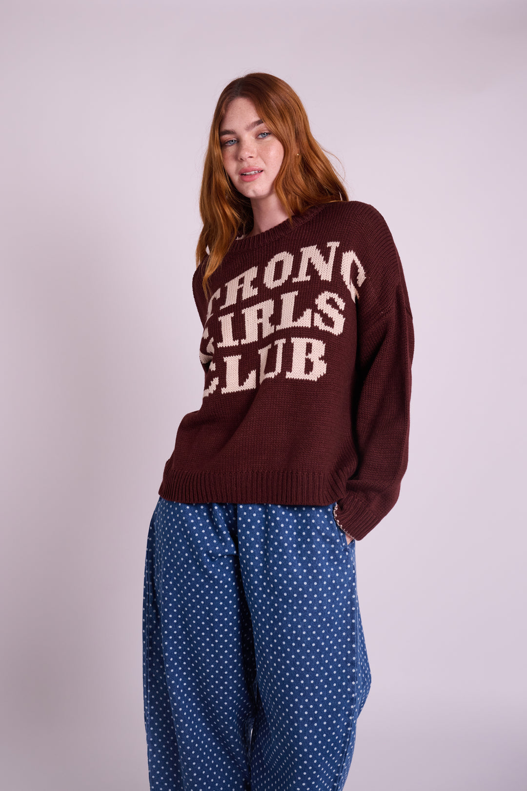 Knitted Strong Girls Club Jumper - Chocolate Fig