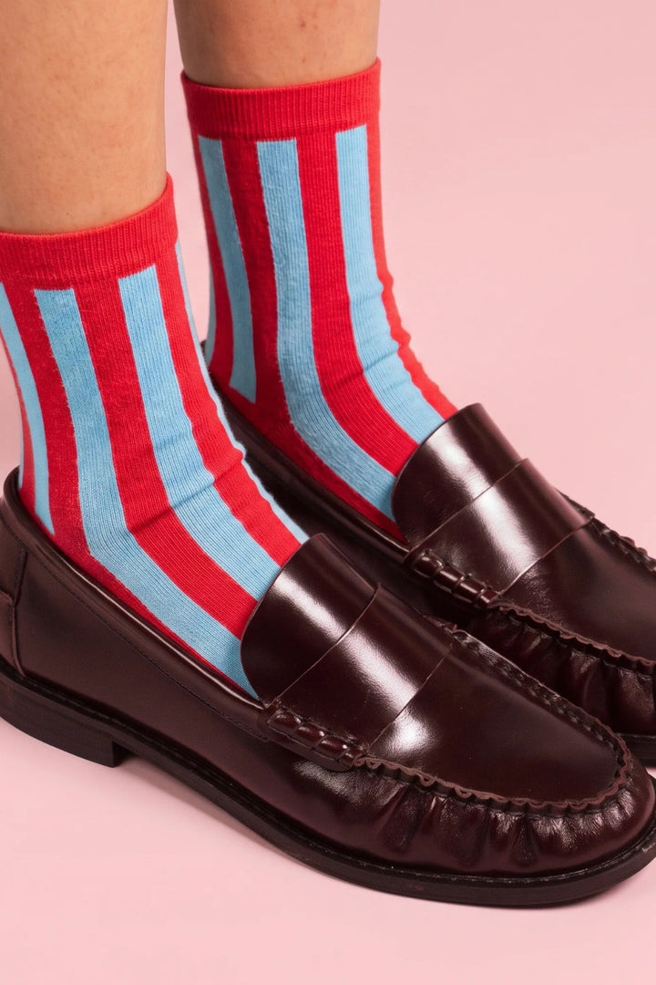 Klue Retro Striped socks - Cherry & Ice Blue