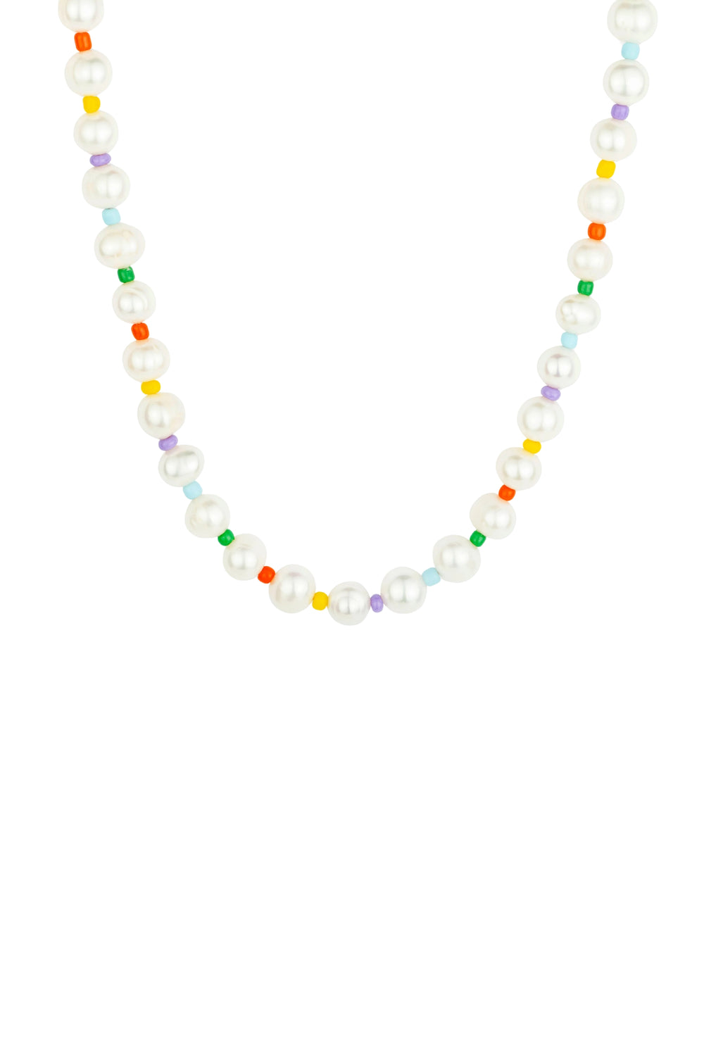 Real freshwater pearls strung with orange, yellow, lavender, mint and green glass beads