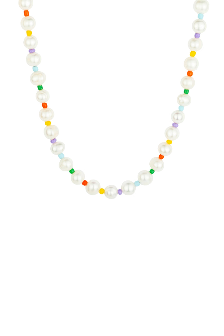 Real freshwater pearls strung with orange, yellow, lavender, mint and green glass beads