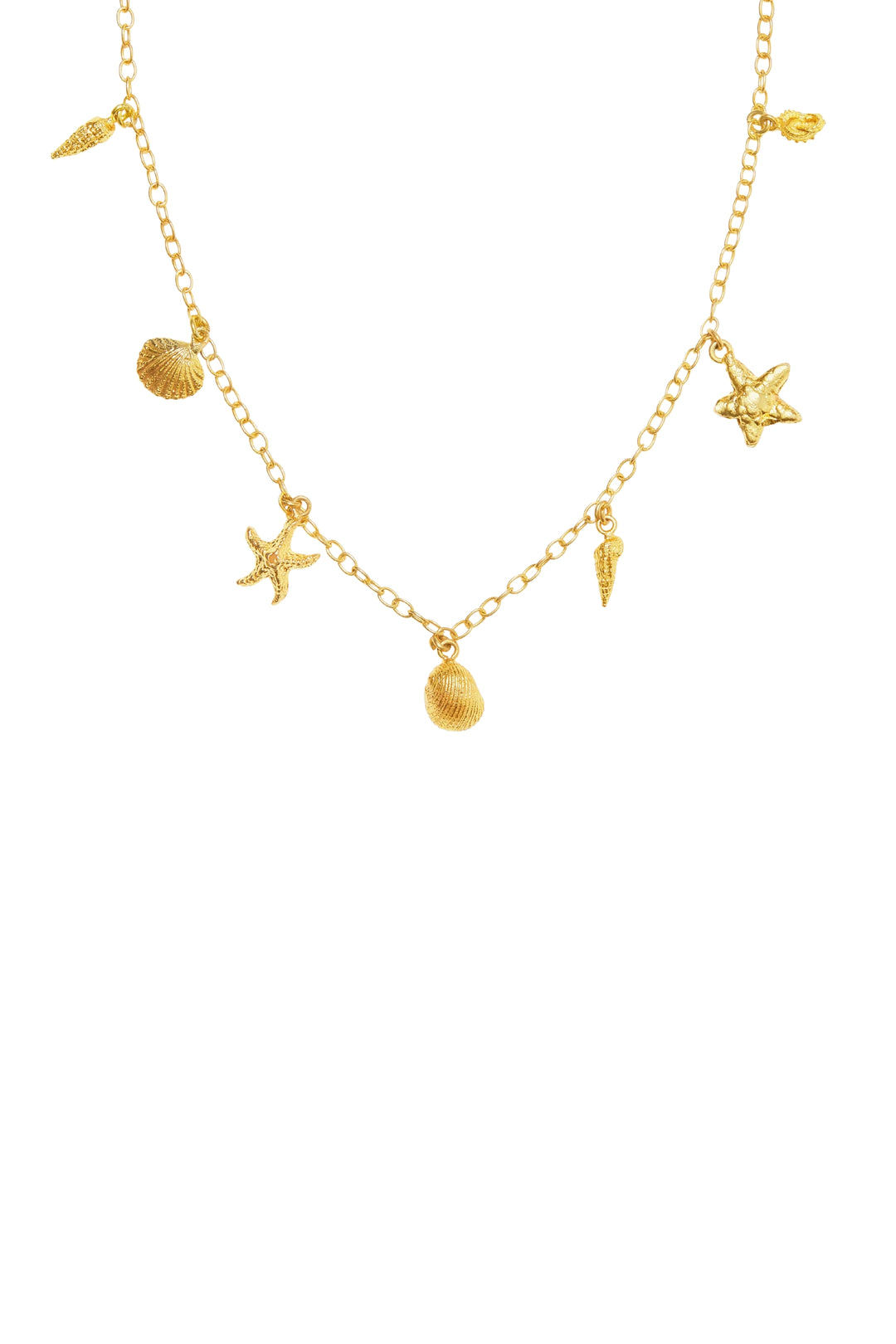 Gold shell charm choker necklace with starfish, scallop and conch charms