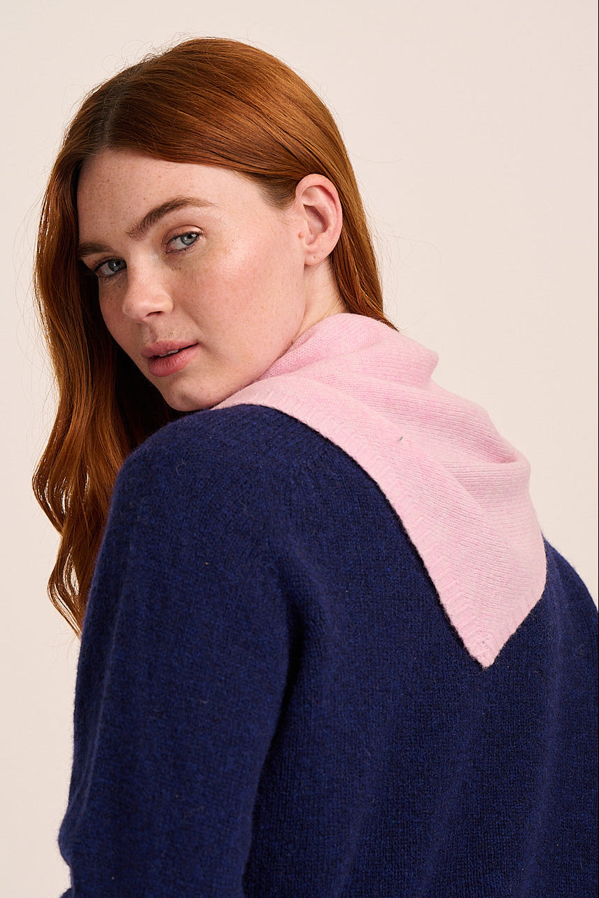 Nova Merino Wool Knitted Triangle Scarf - Pink – back view / styled detail