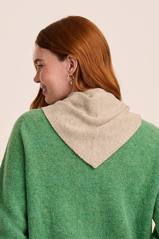 Person wearing a green sweater with a beige hood on a plain background