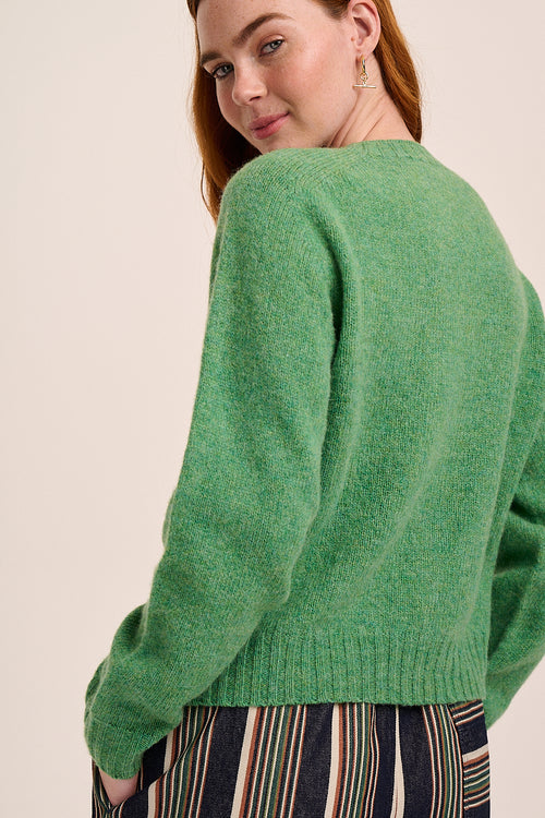 Mae Lambswool Cardigan - Parsley Green – back view / styled detail