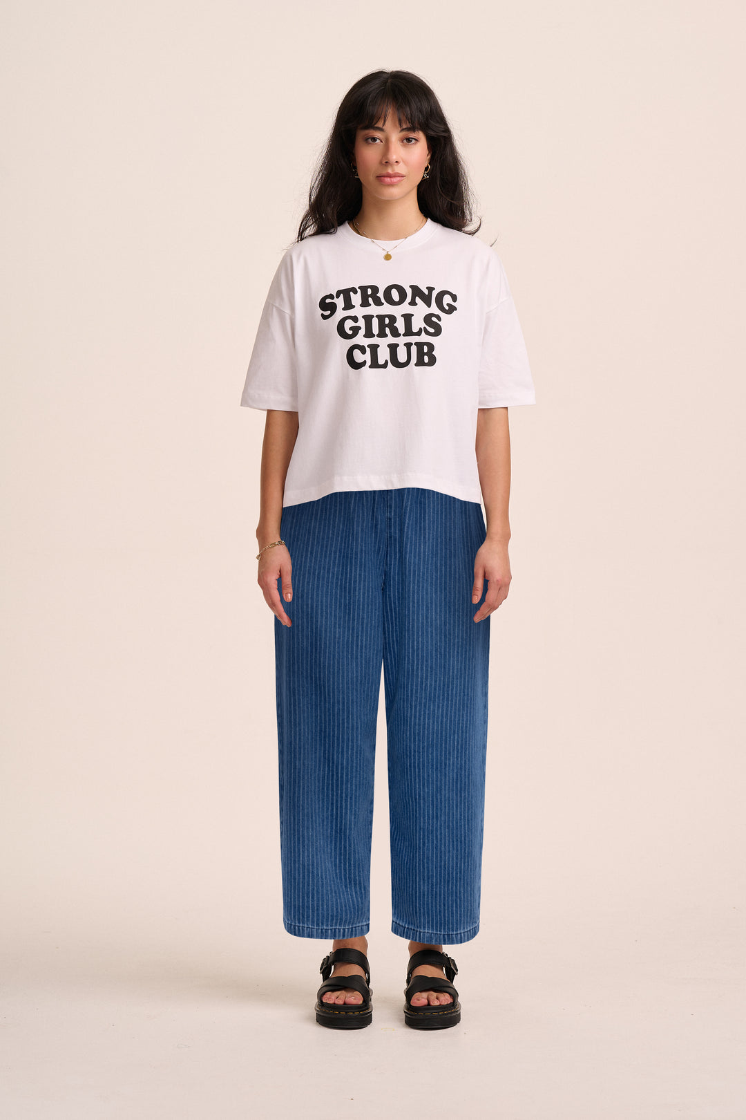 Ottie balloon-leg jeans in needle stripe with white Strong Girls Club TShirt