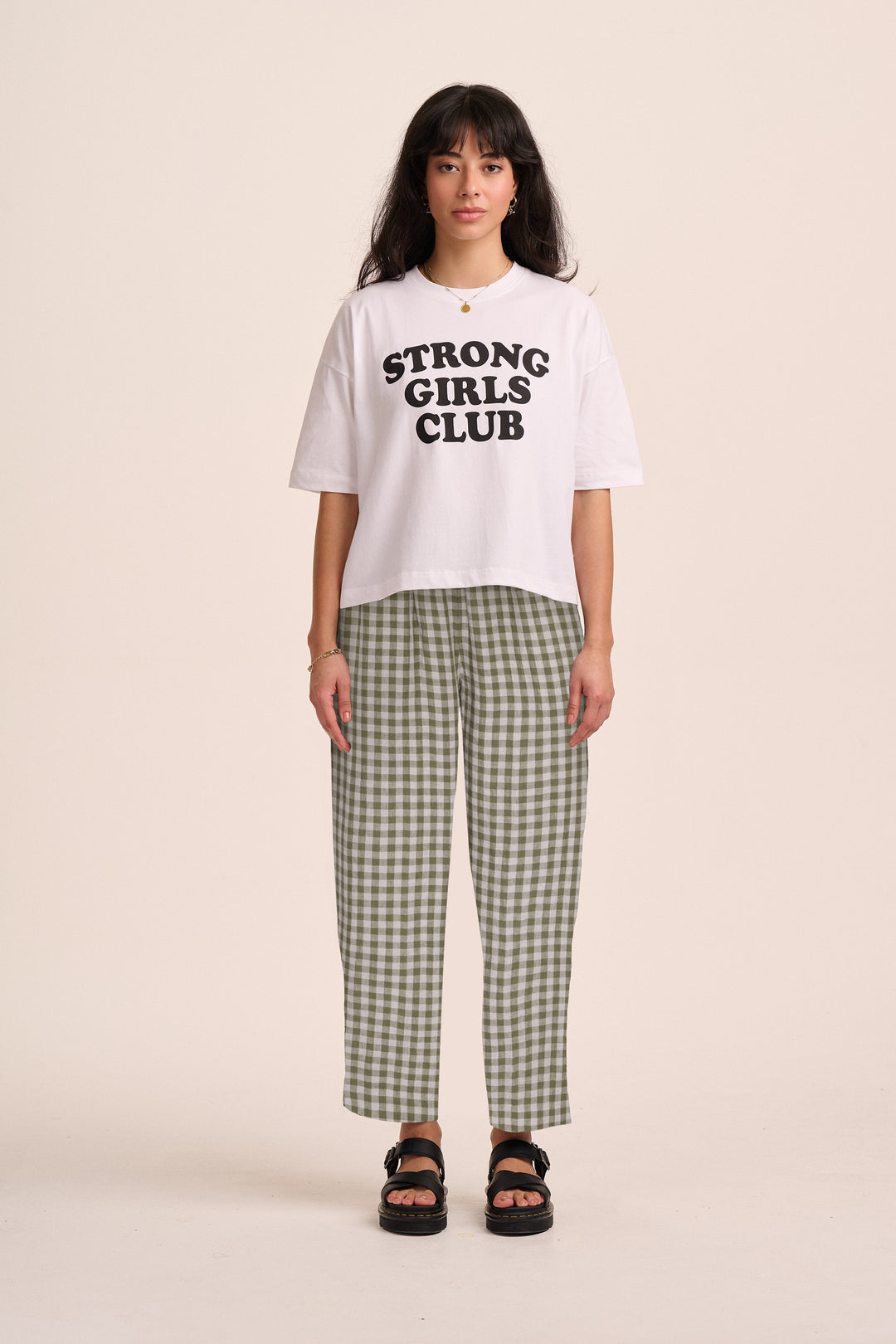 Peggy Linen Trousers - Sage & Sand Gingham – close-up detail