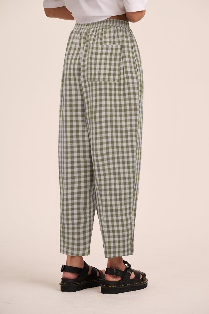 Peggy Linen Trousers - Sage & Sand Gingham – back view / styled detail