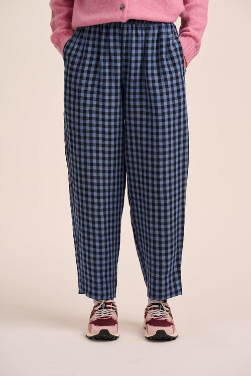 Peggy Linen Trousers - Perriwinkle Blue Gingham – back view / styled detail