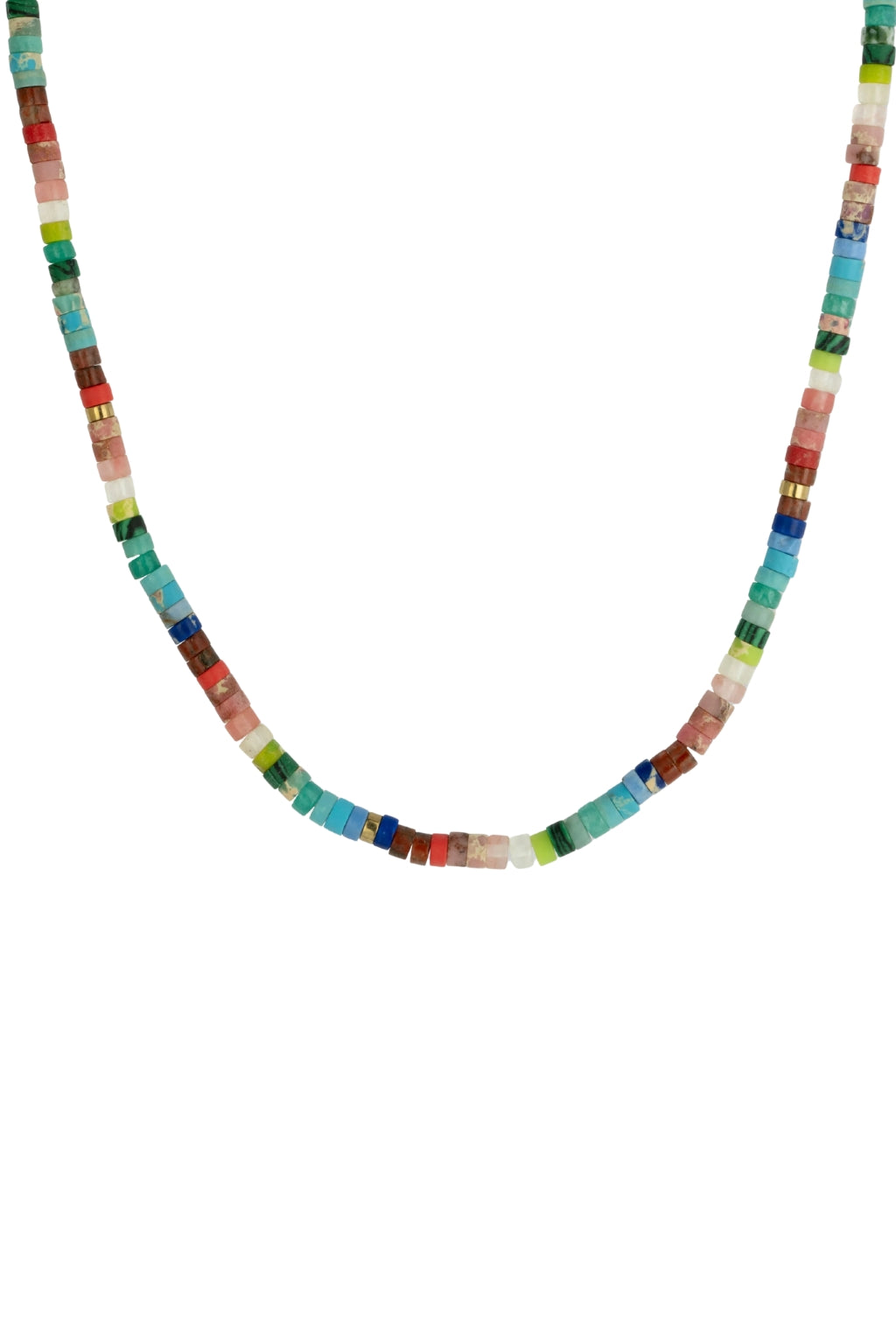 Rainbow beaded gemstone necklace with pink, blue, green and white jade beads and gold detail