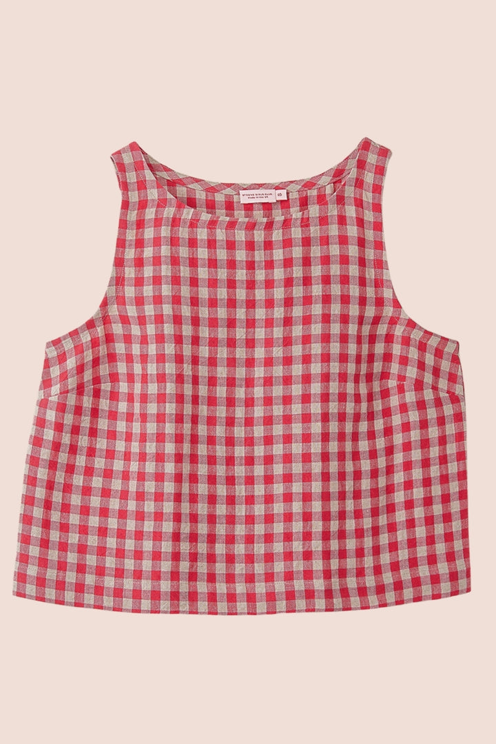 Nova Linen Top - Red & Sand Check