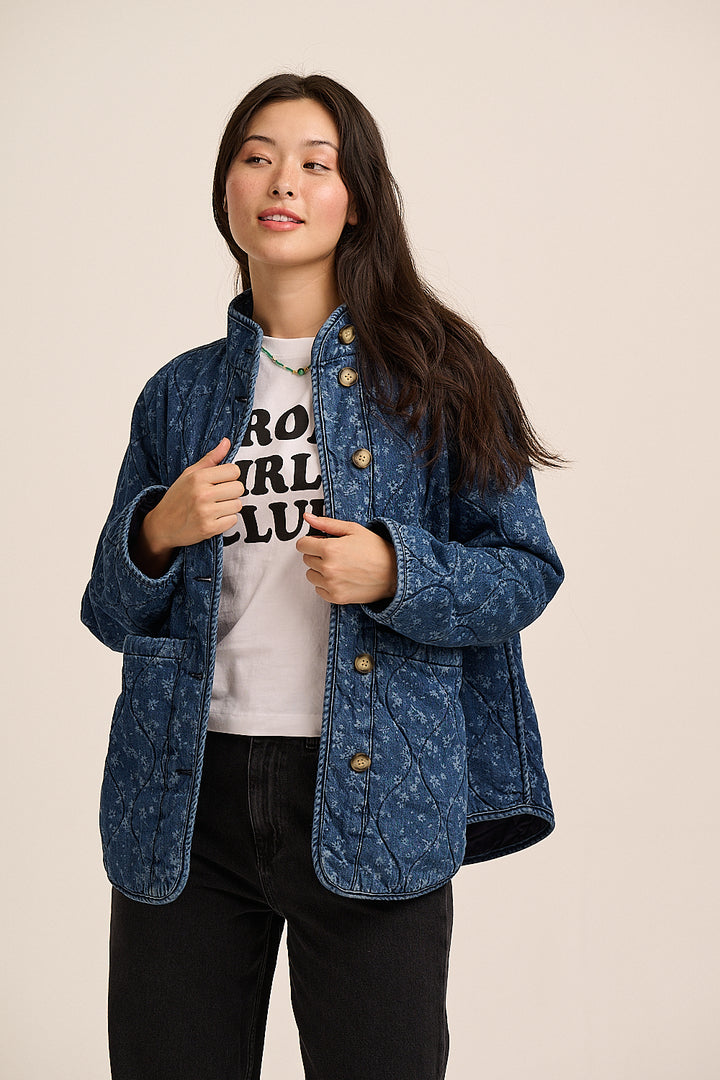 Quilted floral denim jacket in indigo with bleached ditsy floral print — Mutha.Hood