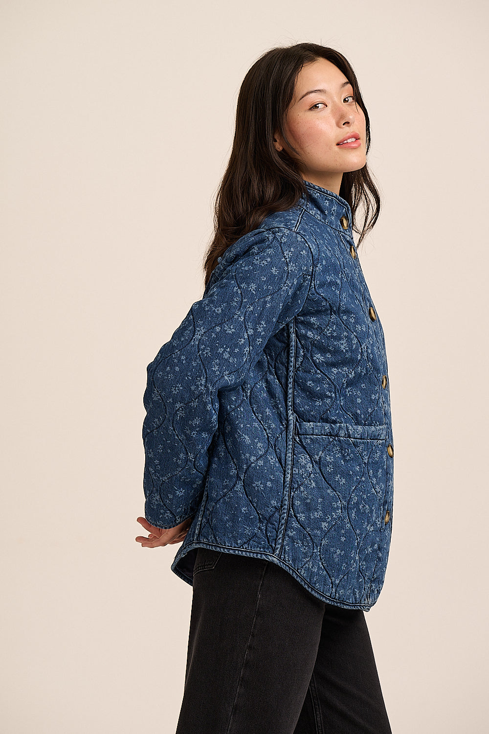 Floral quilted denim jacket side view, relaxed fit — Mutha.Hood