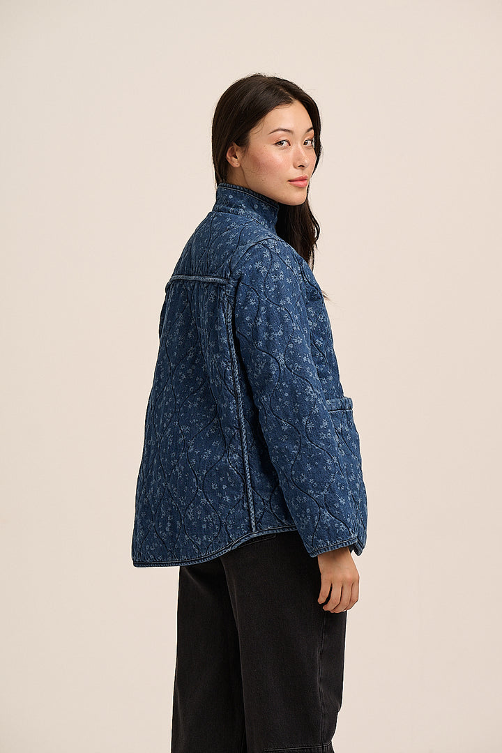 Floral quilted denim jacket back view, relaxed fit — Mutha.Hood