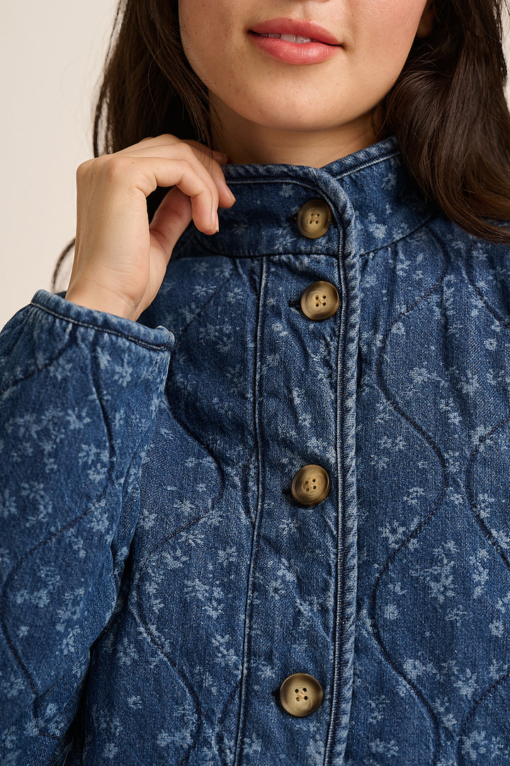 Quilted denim jacket funnel neck and mock horn buttons close-up