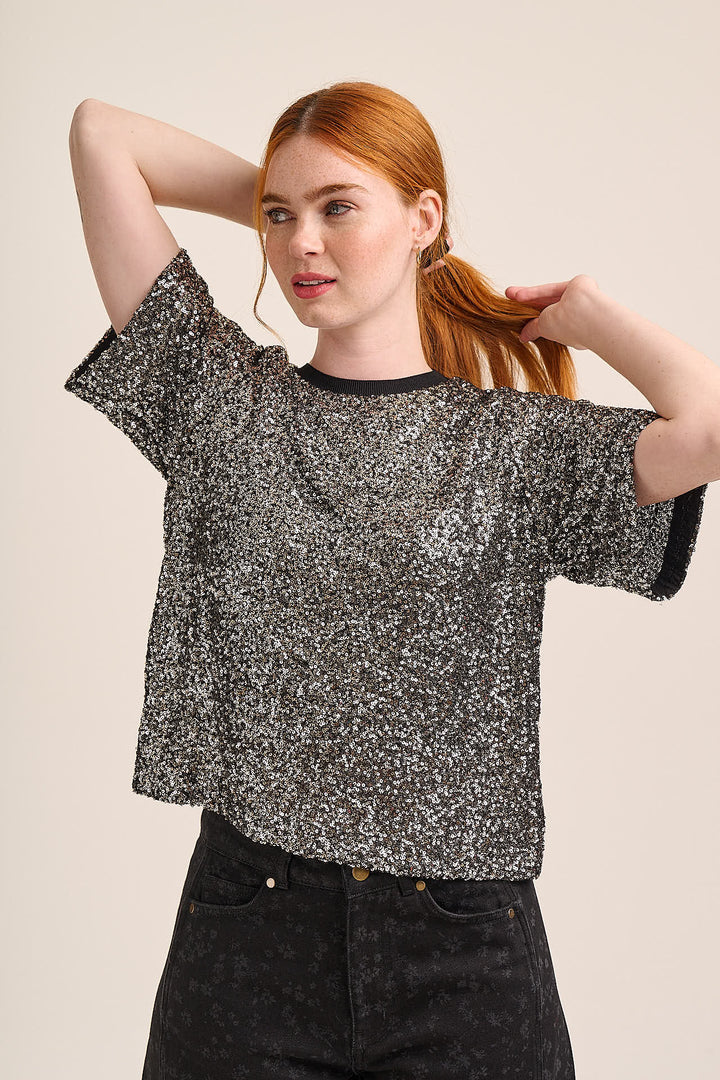 Alice Boxy Sequin Top - Gunmetal