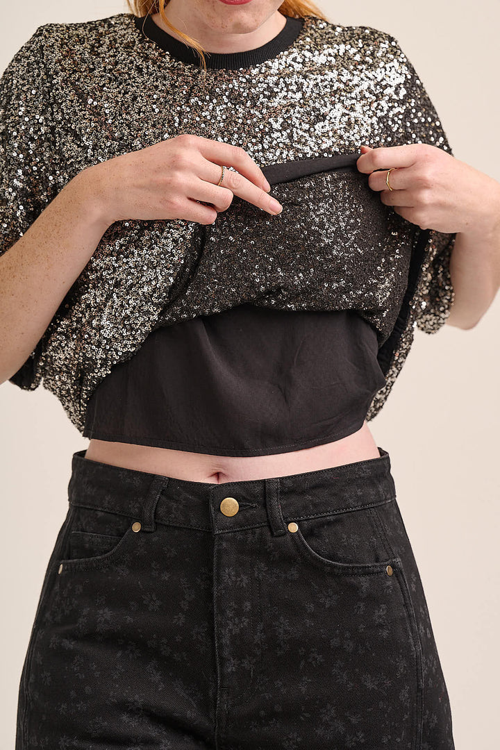 Alice Boxy Sequin Top - Gunmetal