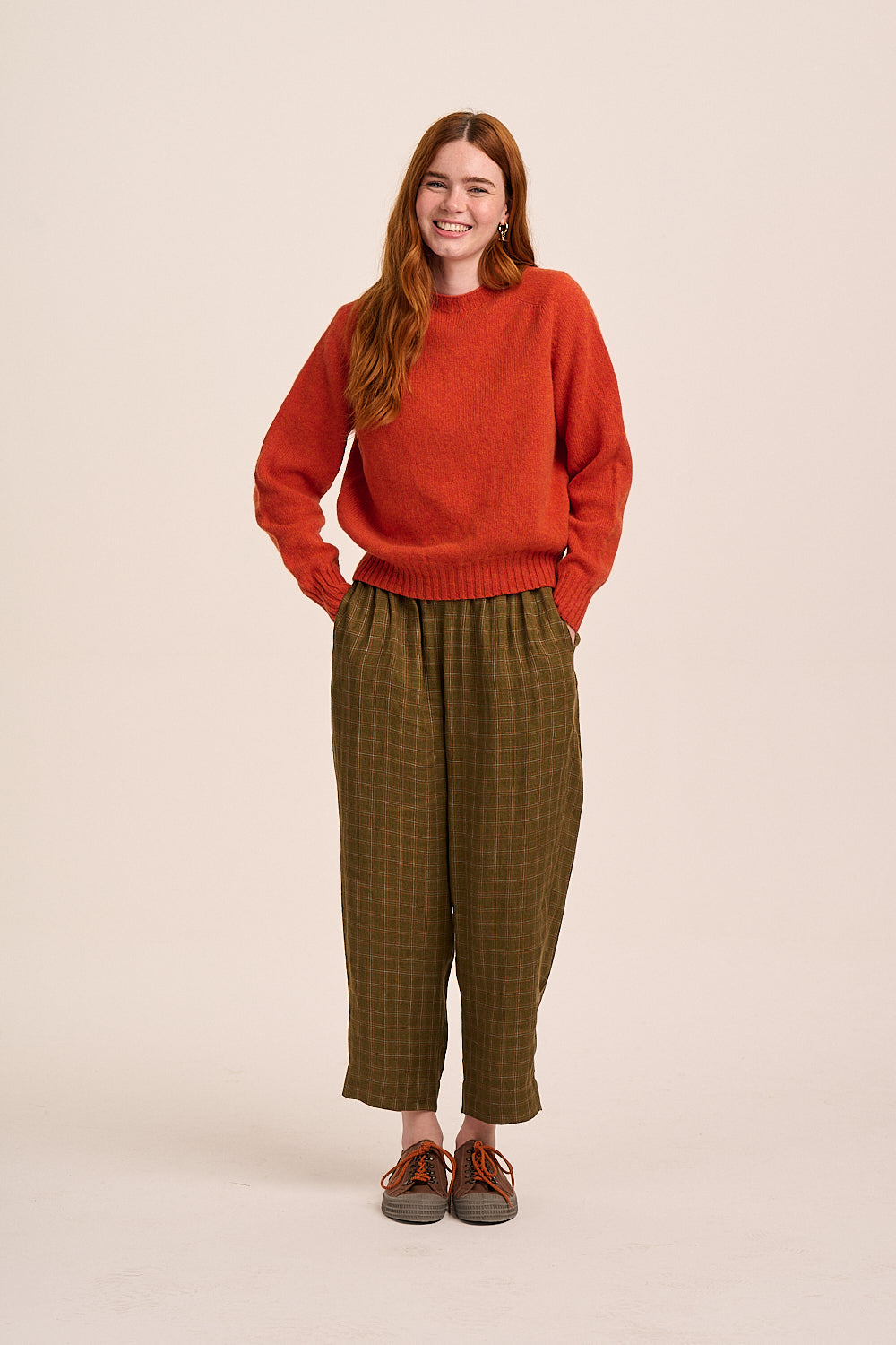 Peggy Linen Trousers - Khaki Window Pane Check