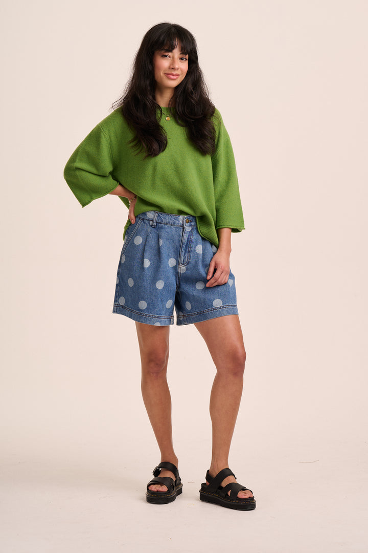 Olive Pleated Denim Shorts - Polka Dot – Shorts from Mutha.Hood