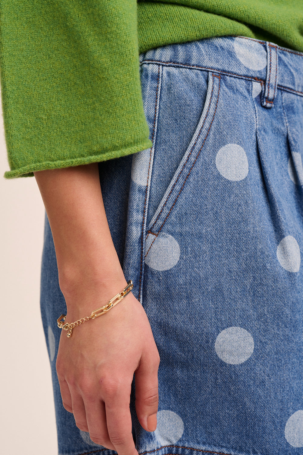 Olive Pleated Denim Shorts - Polka Dot – view 6