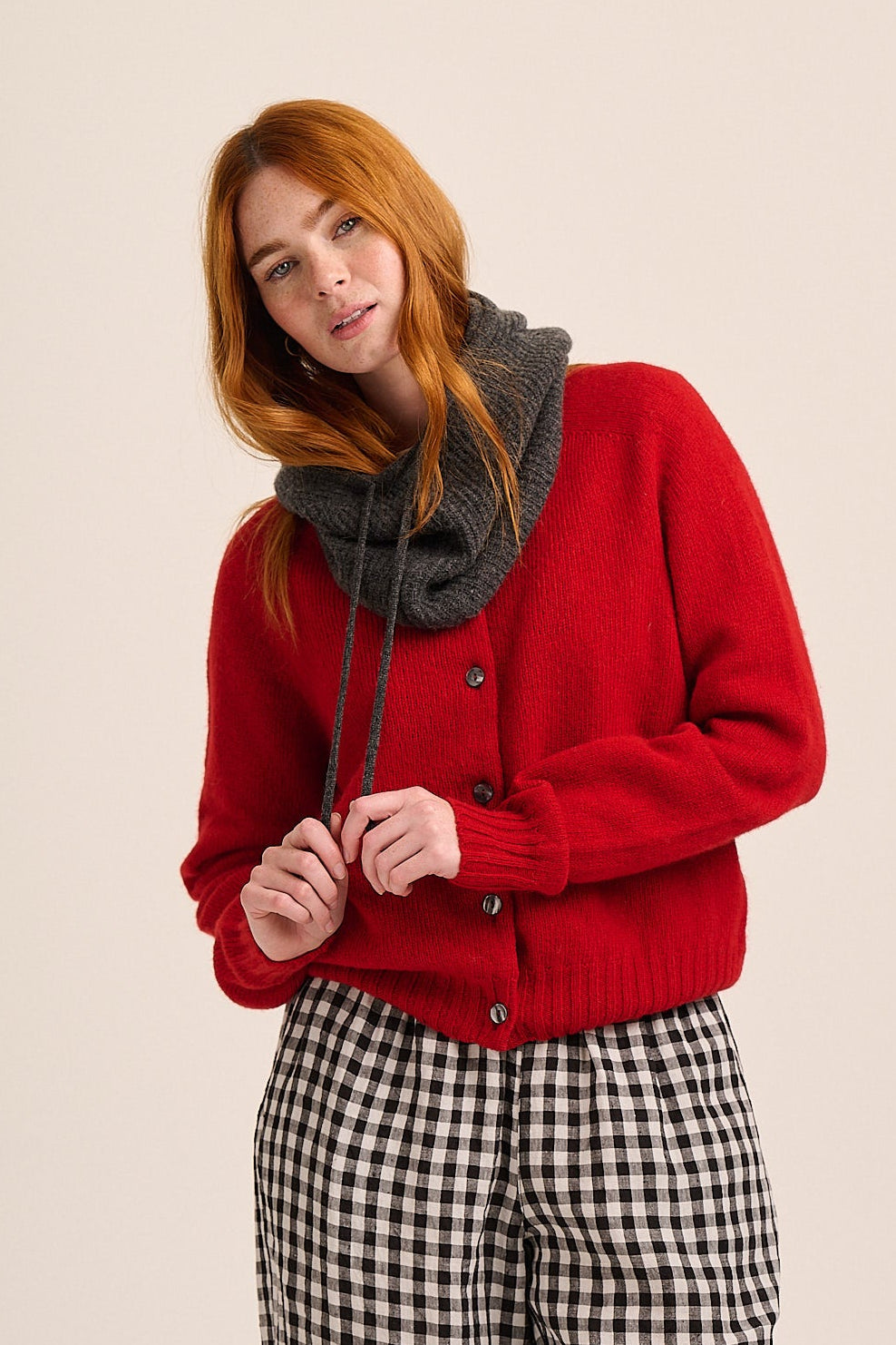 Grey RWS merino cowl snood styled with red cardigan — Mutha.Hood