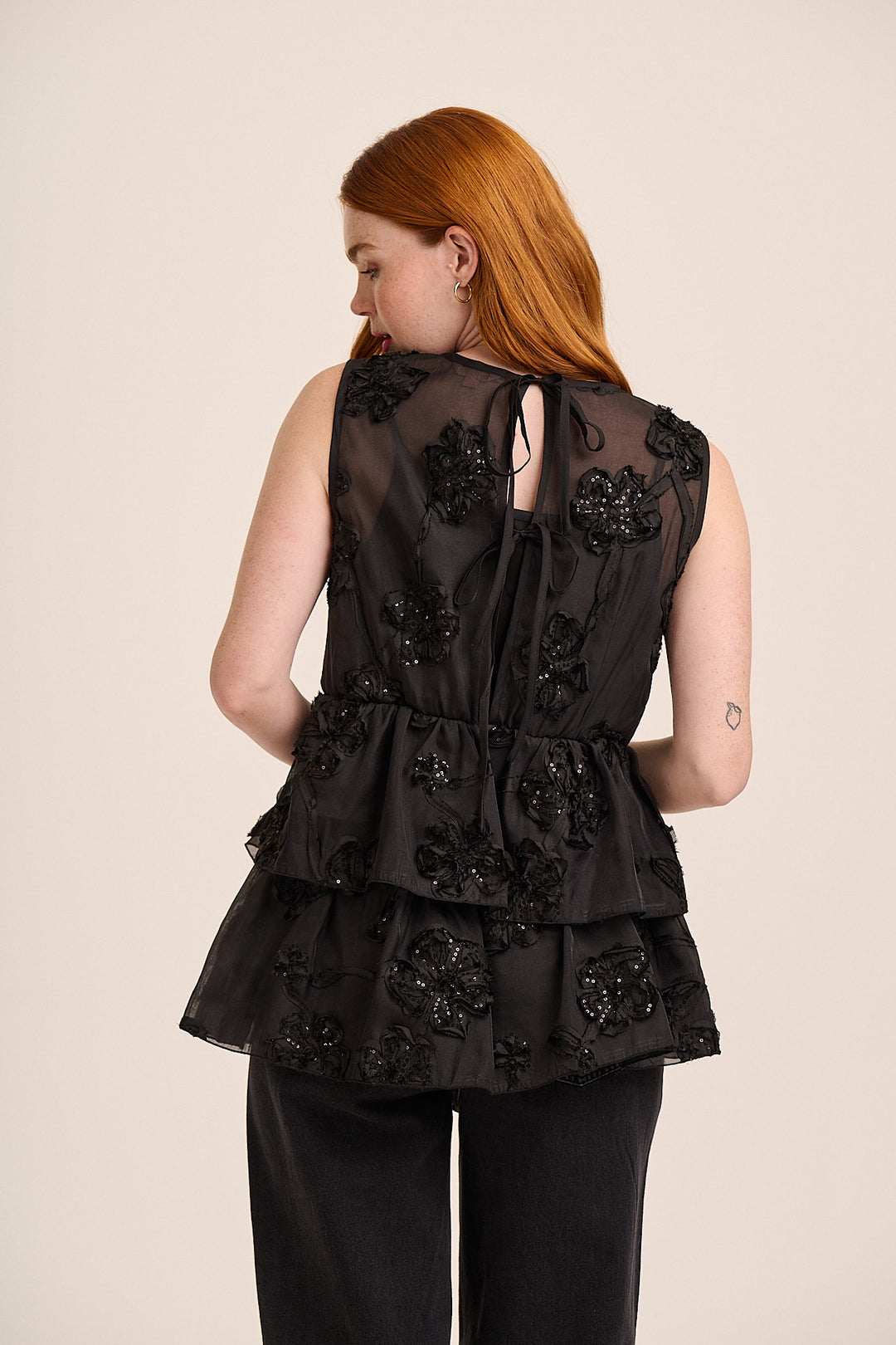 Coco tiered sequin top back view with keyhole tie — Mutha.Hood