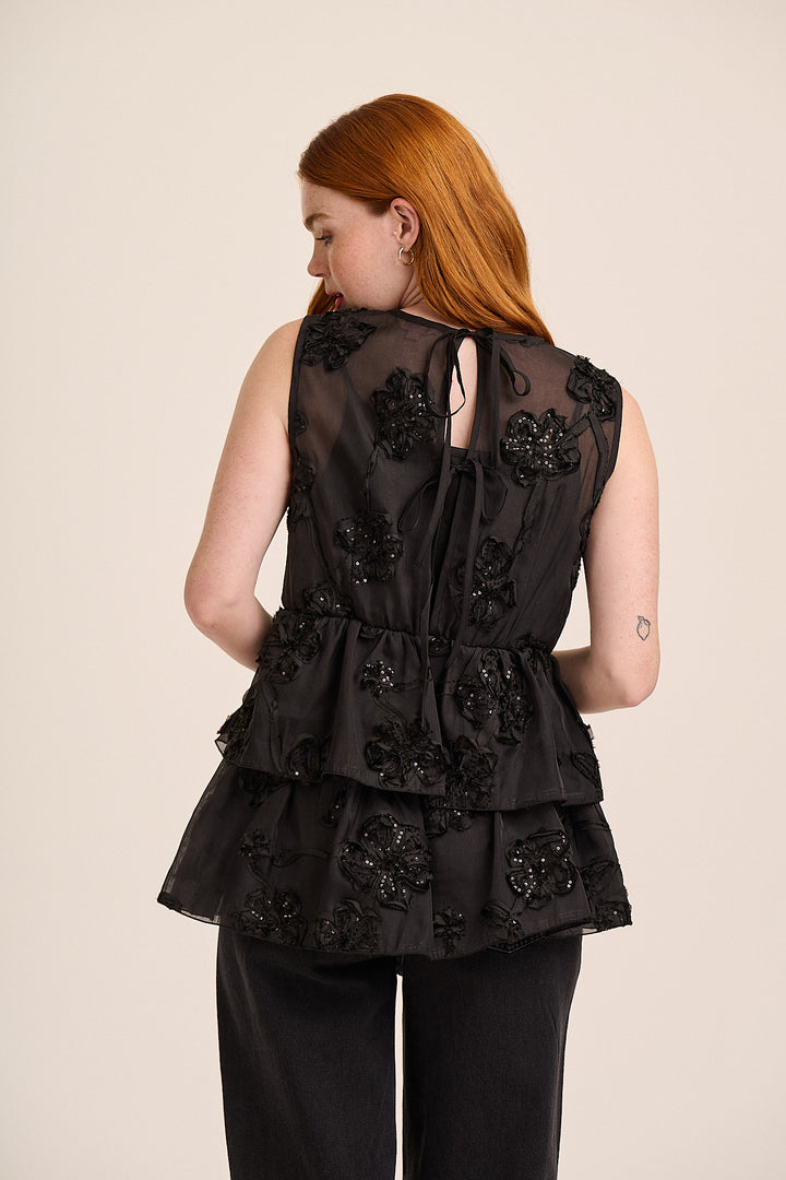 Coco tiered sequin top back view with keyhole tie — Mutha.Hood