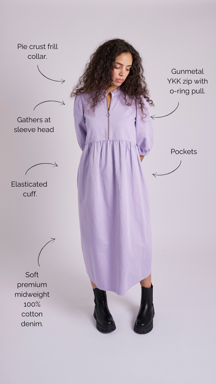 Zelda Zip Up Lilac Denim Midi Dress