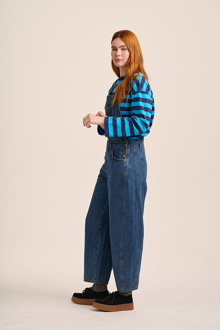 Denim dungarees styled with blue striped tee — Mutha.Hood