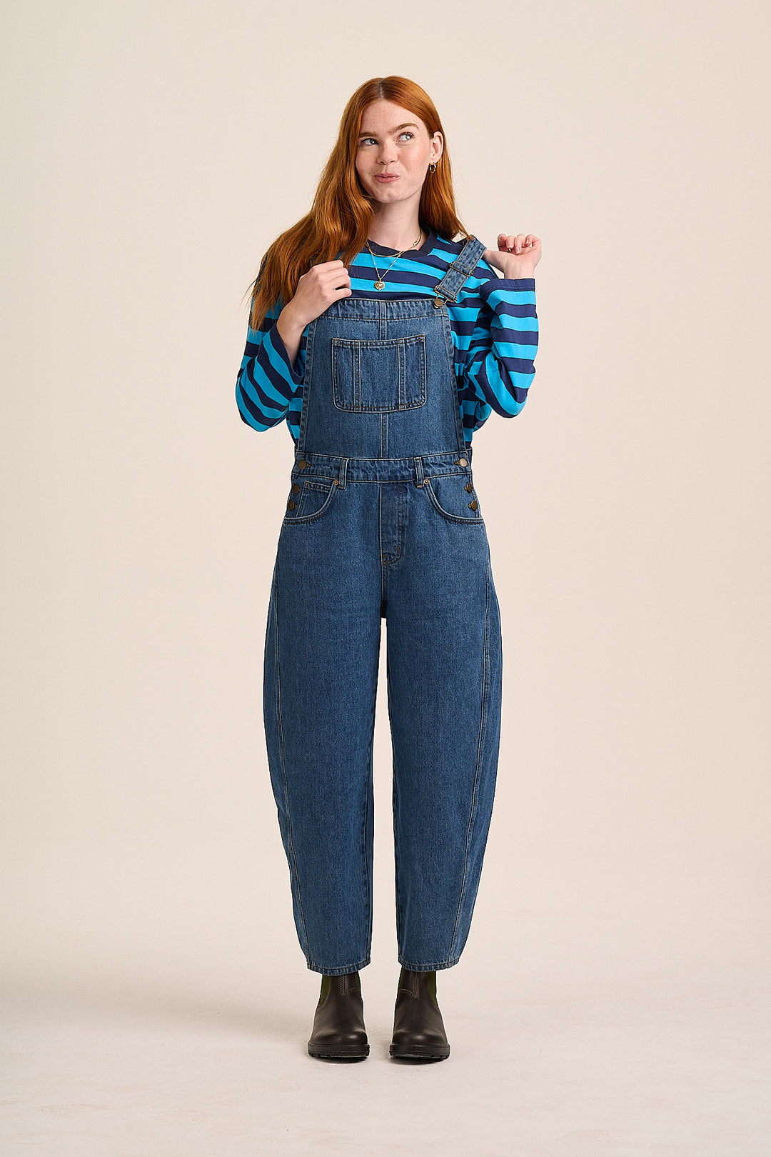 Mid wash barrel leg denim dungarees — Suki, Mutha.Hood