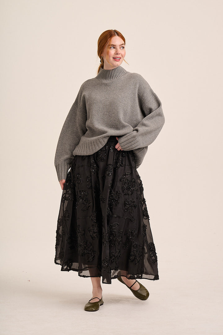 Eva Applique Circle Skirt - Black