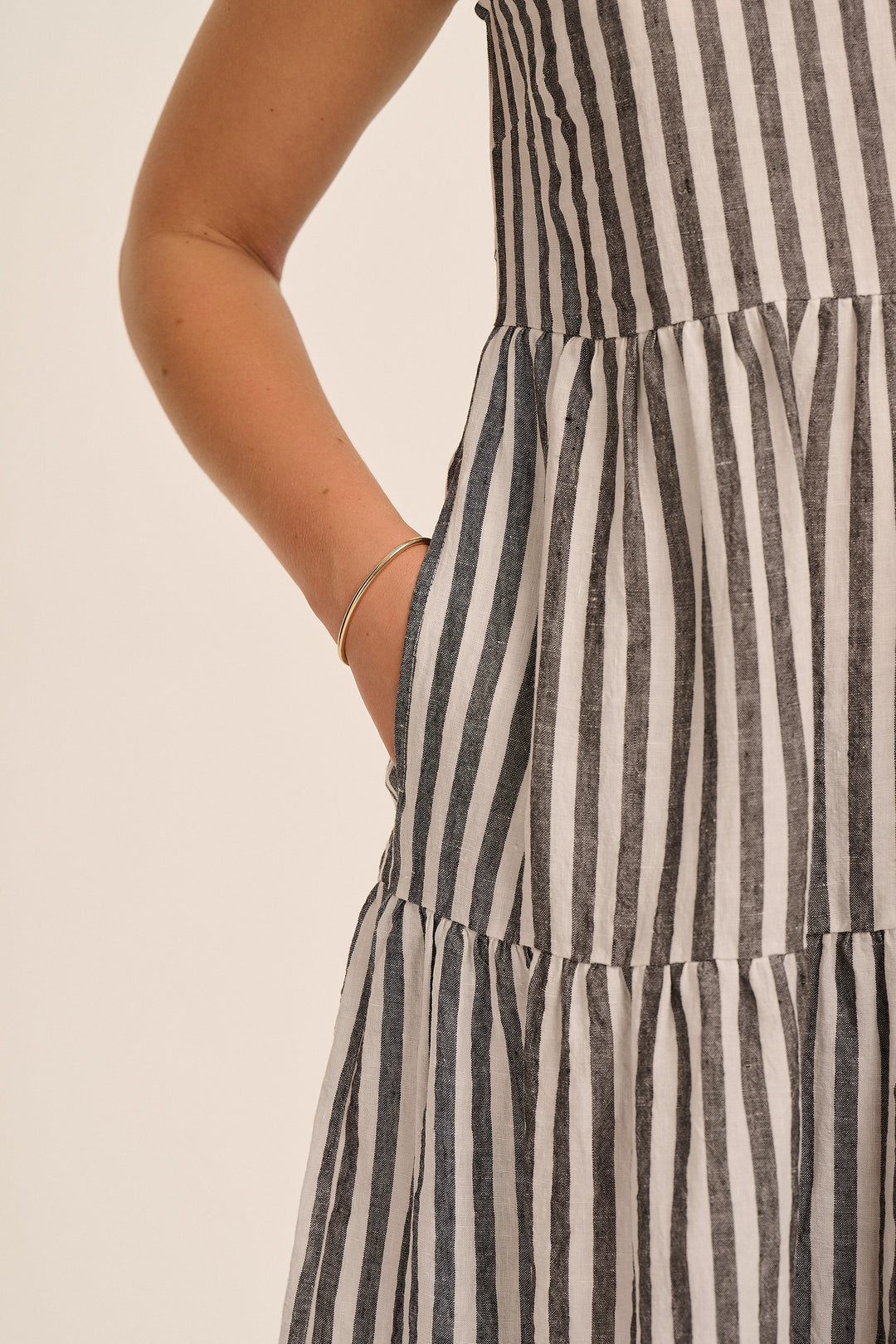 Close-up of laundered Irish linen humbug stripe fabric