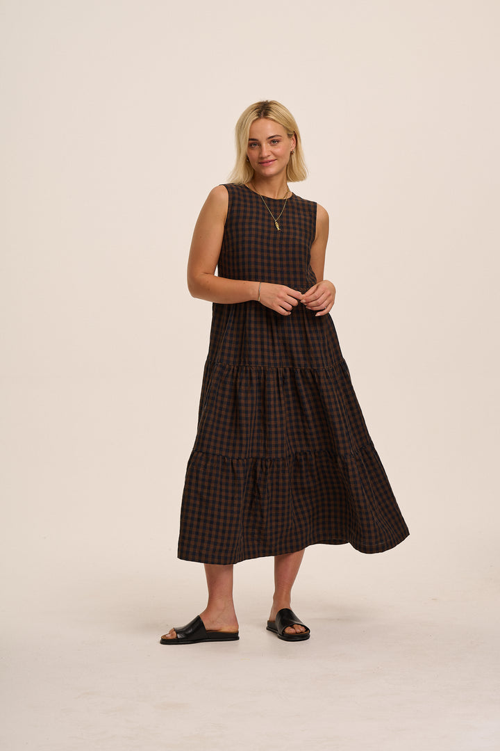 Frankie Linen Dress - Navy & Brown Gingham