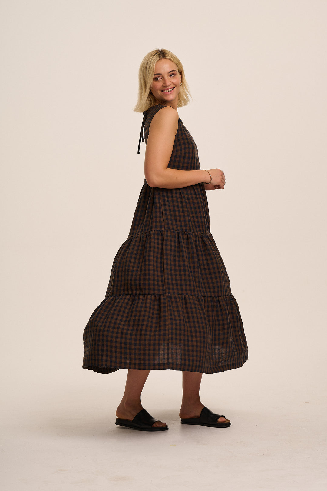 Frankie Linen Dress - Navy & Brown Gingham