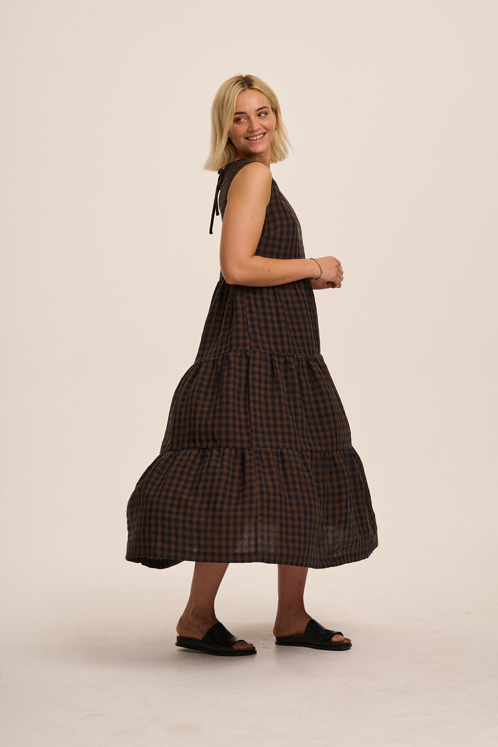 Frankie Linen Dress - Navy & Brown Gingham