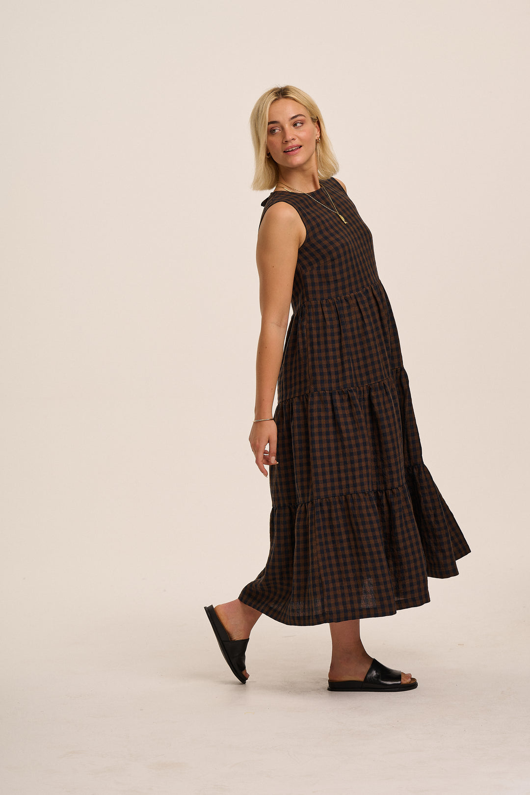Frankie Linen Dress - Navy & Brown Gingham