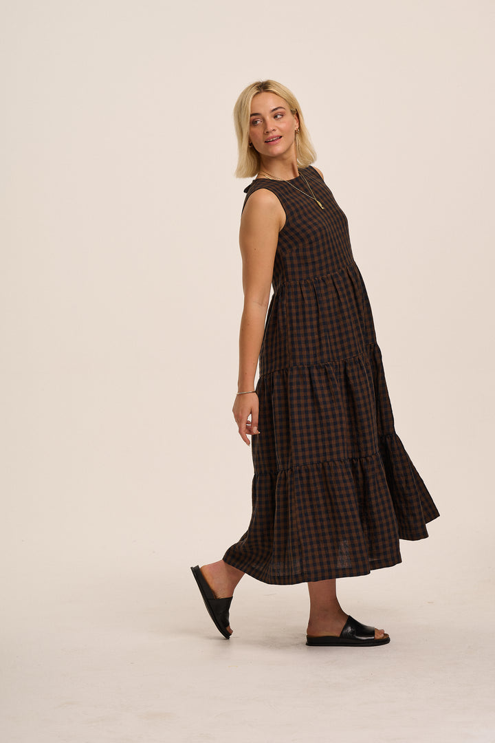 Frankie Linen Dress - Navy & Brown Gingham