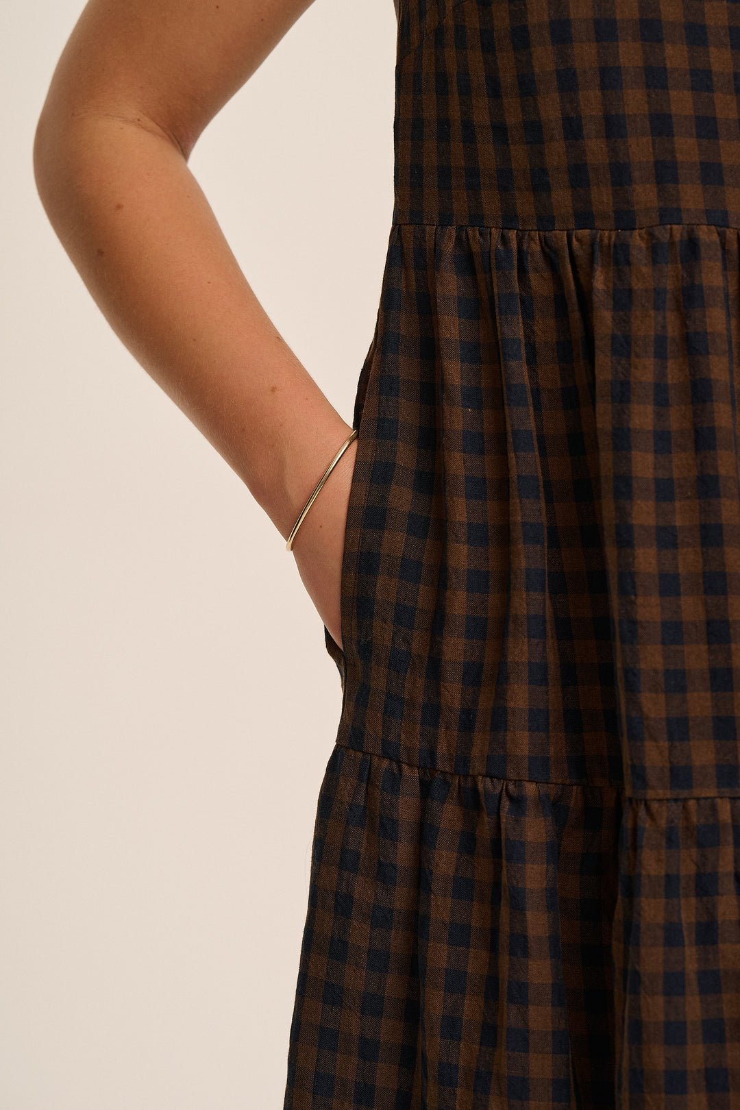 Frankie Linen Dress - Navy & Brown Gingham