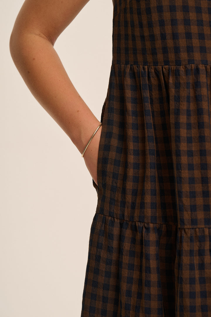 Frankie Linen Dress - Navy & Brown Gingham