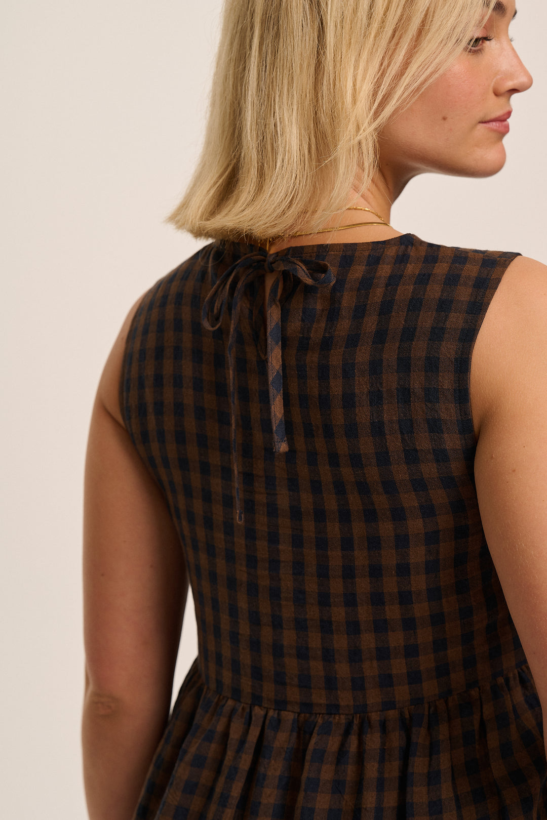 Frankie Linen Dress - Navy & Brown Gingham