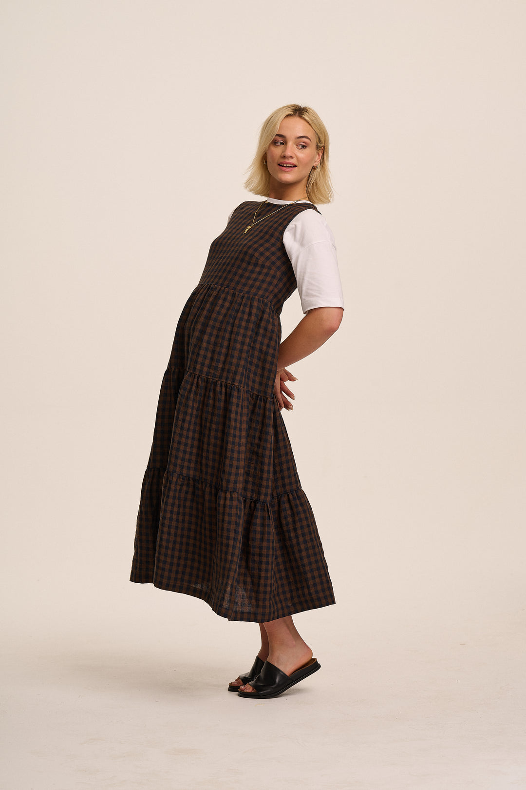 Frankie Linen Dress - Navy & Brown Gingham