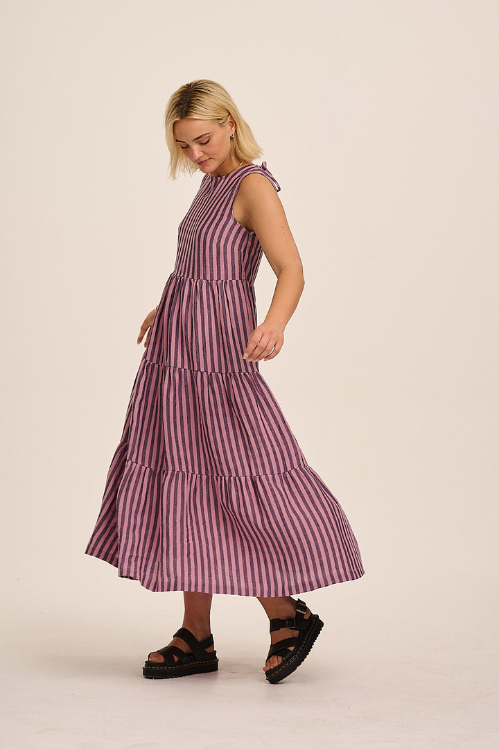 Pink and purple stripe linen midi dress styled summer