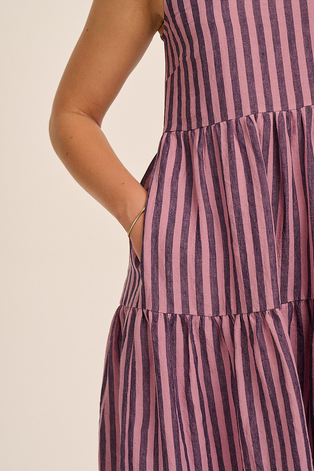 Close-up of laundered Irish linen pink stripe fabric