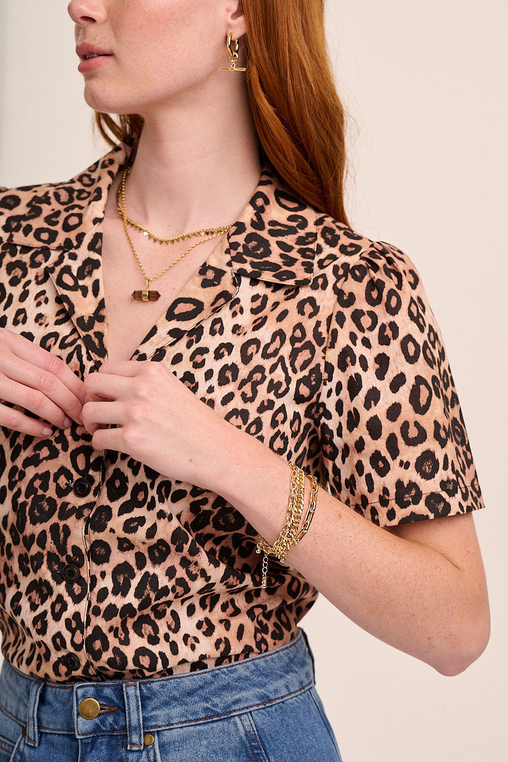 Lola Button Front Leopard Linen Top – back view / styled detail