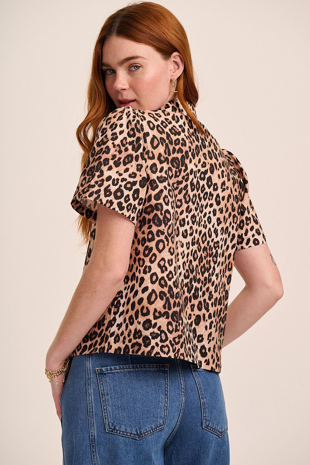 Lola Button Front Leopard Linen Top – close-up detail