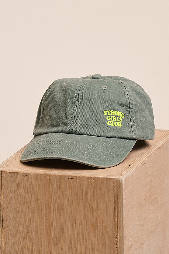 Kids' sage green vintage wash baseball cap with Strong Girls Club embroidery — Mutha.Hood