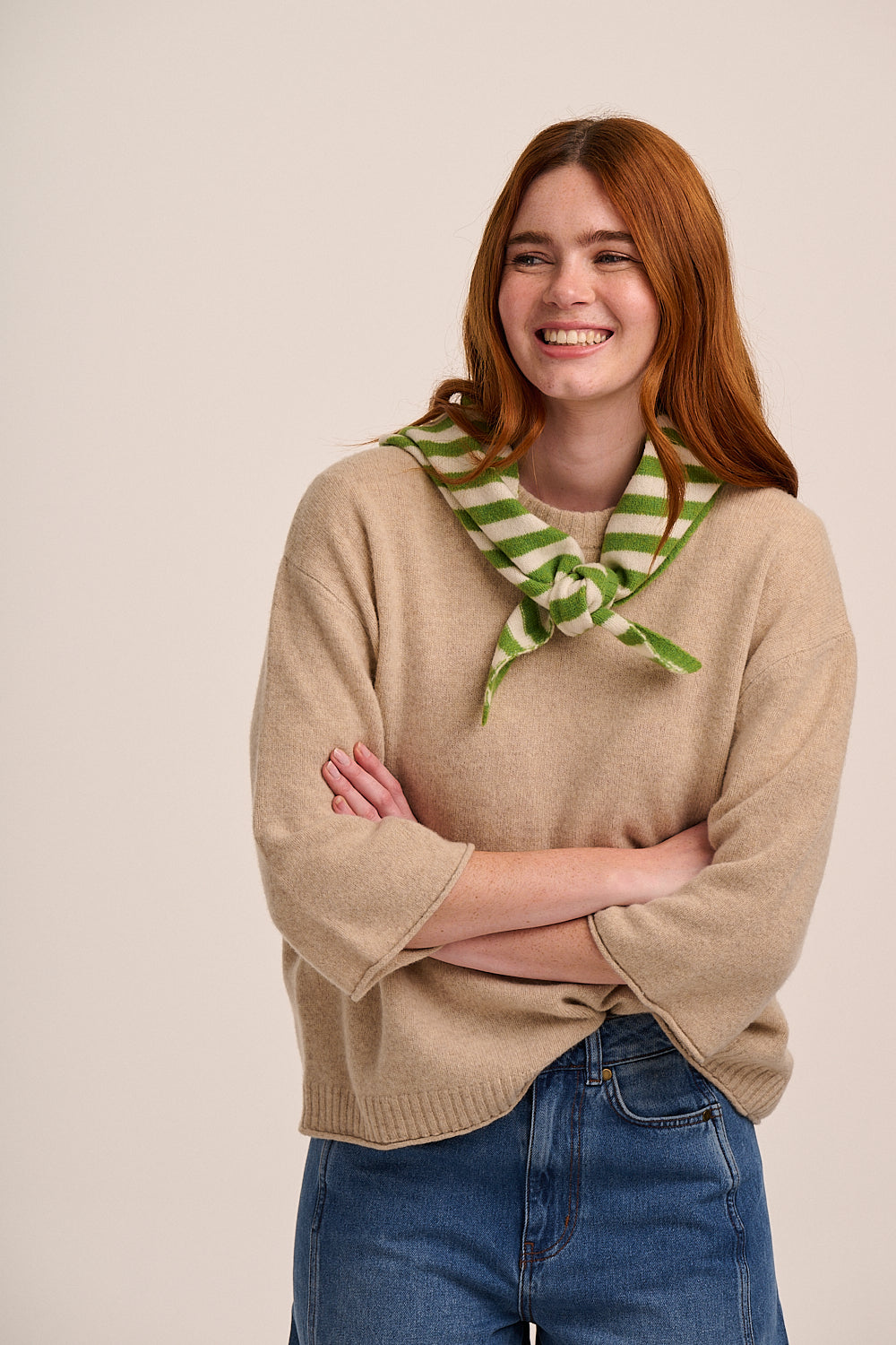 Nova Merino Wool Knitted Triangle Scarf - Green Stripe – back view / styled detail