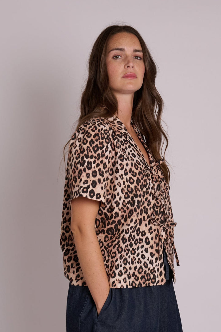 Lila Tie Front Leopard Linen Top