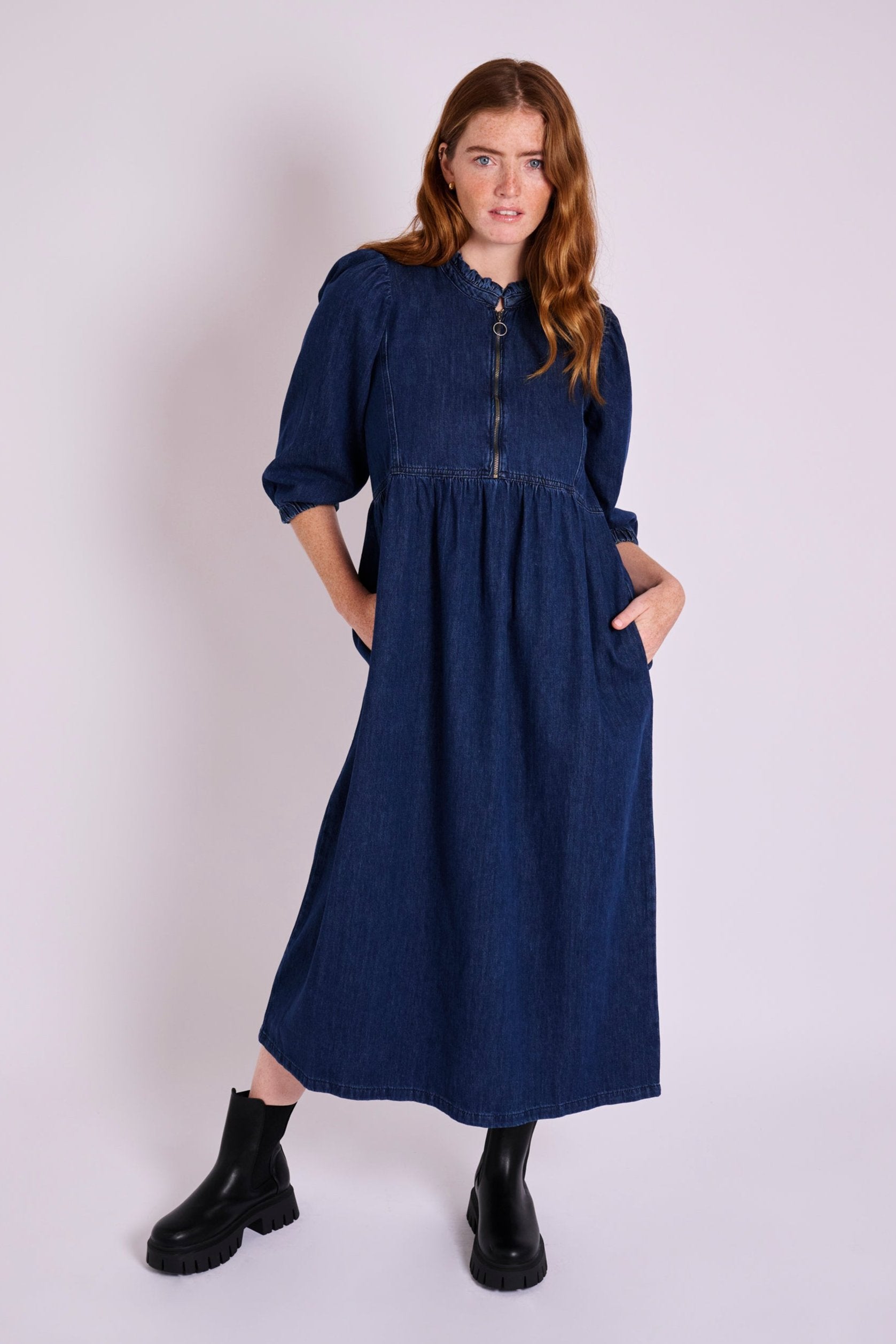 Zelda Zip Up Frill Collar Dark Denim Midi Dress